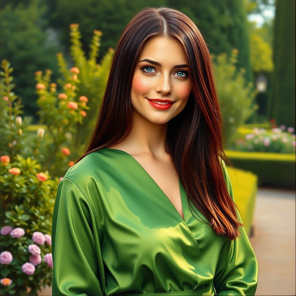 Elegant Brunette Portrait in Garden as Oil Painting