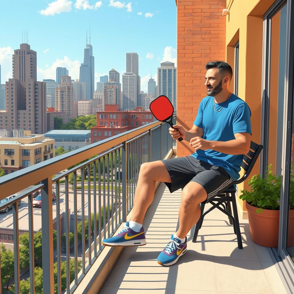 Man Plays Pickleball in Futuristic Cityscape