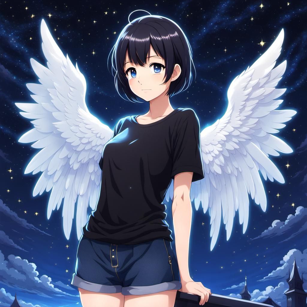 Anime Angel with Starry Night Background