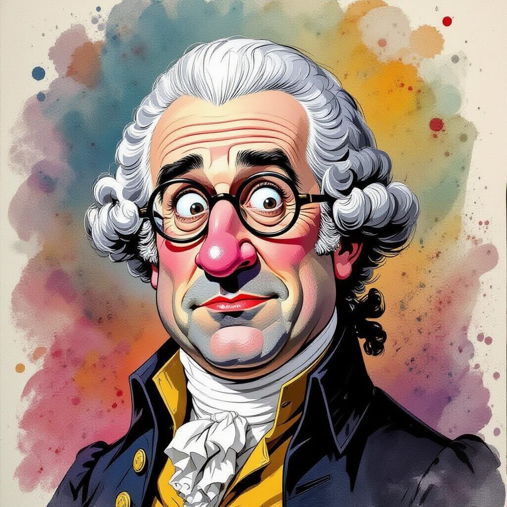 Bewildered Historical Figure Caricature in Ink Wash Style