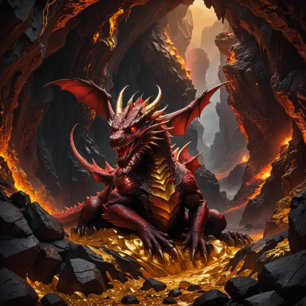 Red Dragon's Gold Hoard in Volcanic Cave
