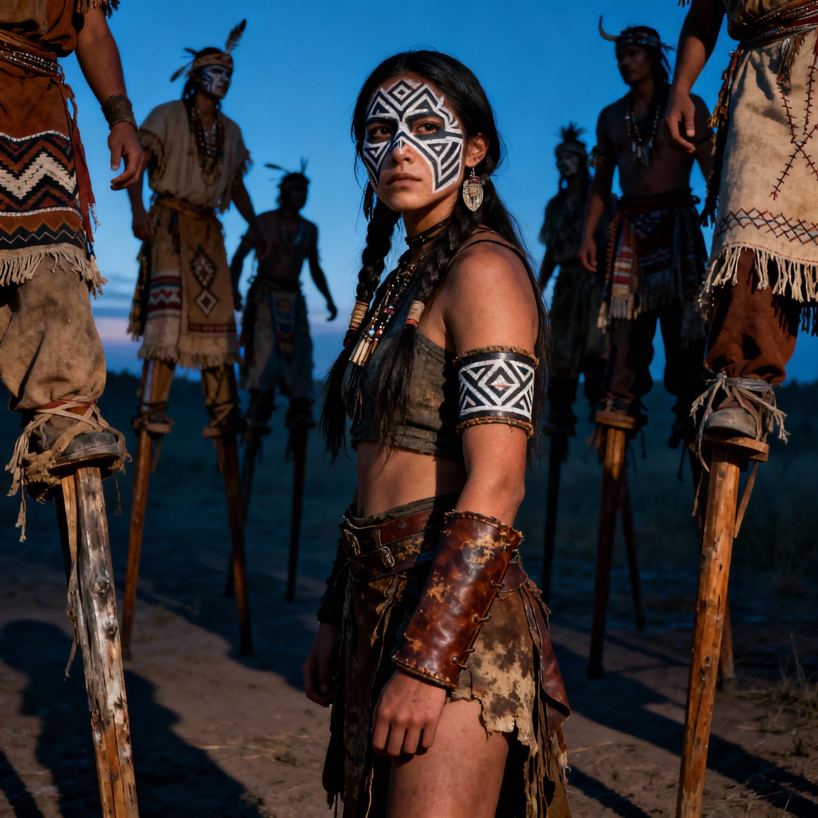 Young American Indian Warrior lady.  Face paint, leather wraps on her arm mussels. This lady is tough, but beautiful. Th...