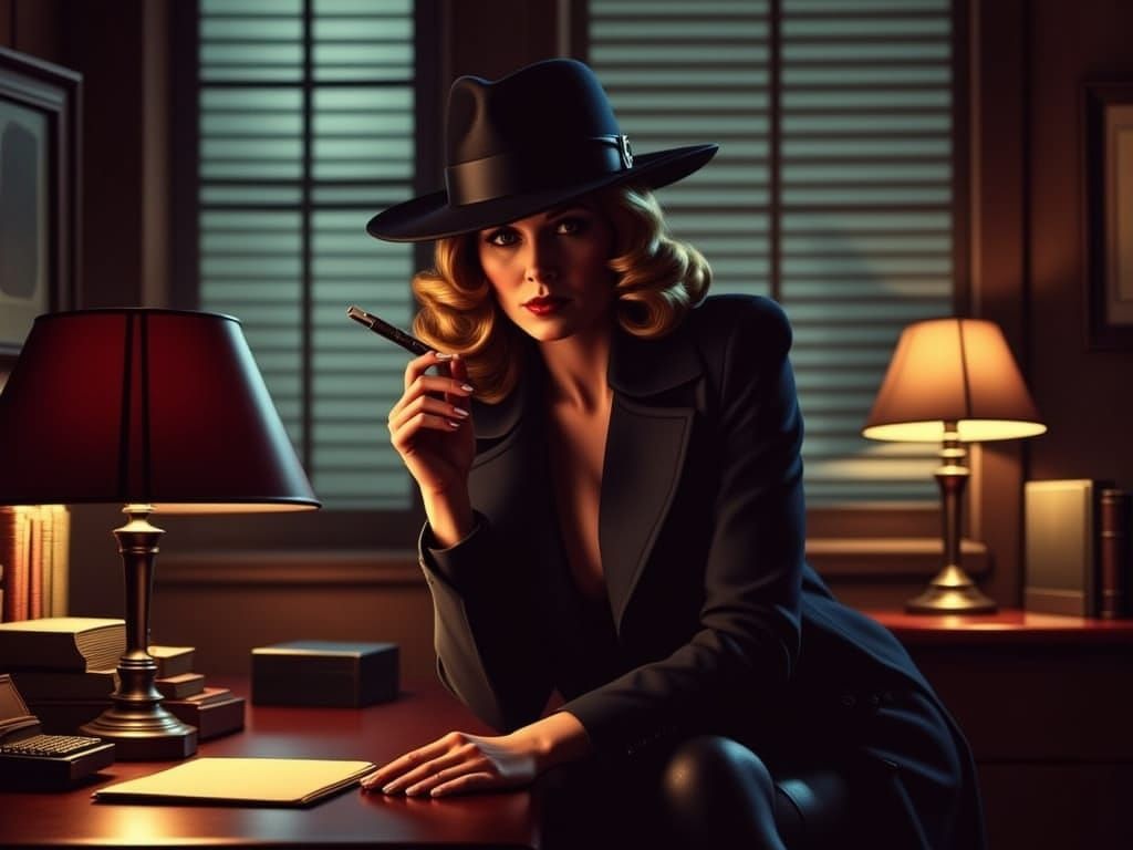 Sultry Femme Fatale in a Smoky Film Noir Office Scene