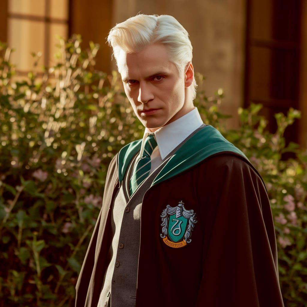 Young Lucius Malfoy on Hogwarts Grounds in Slytherin Robes
