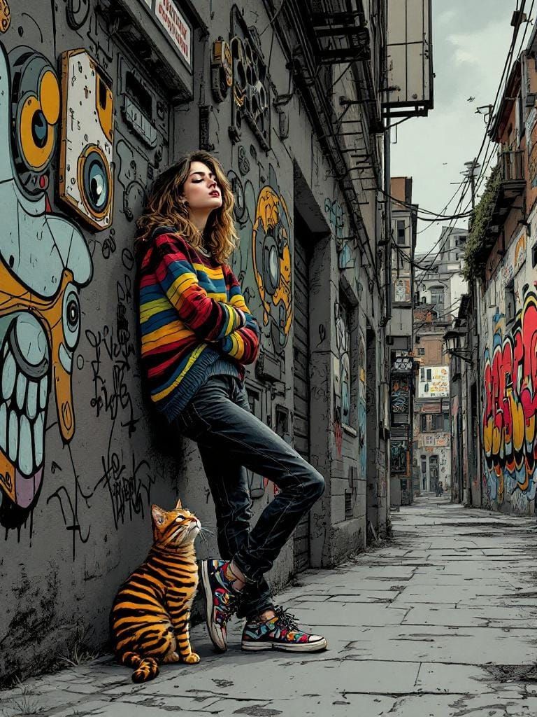 Woman and Cat in Urban Setting as Comic Book Art