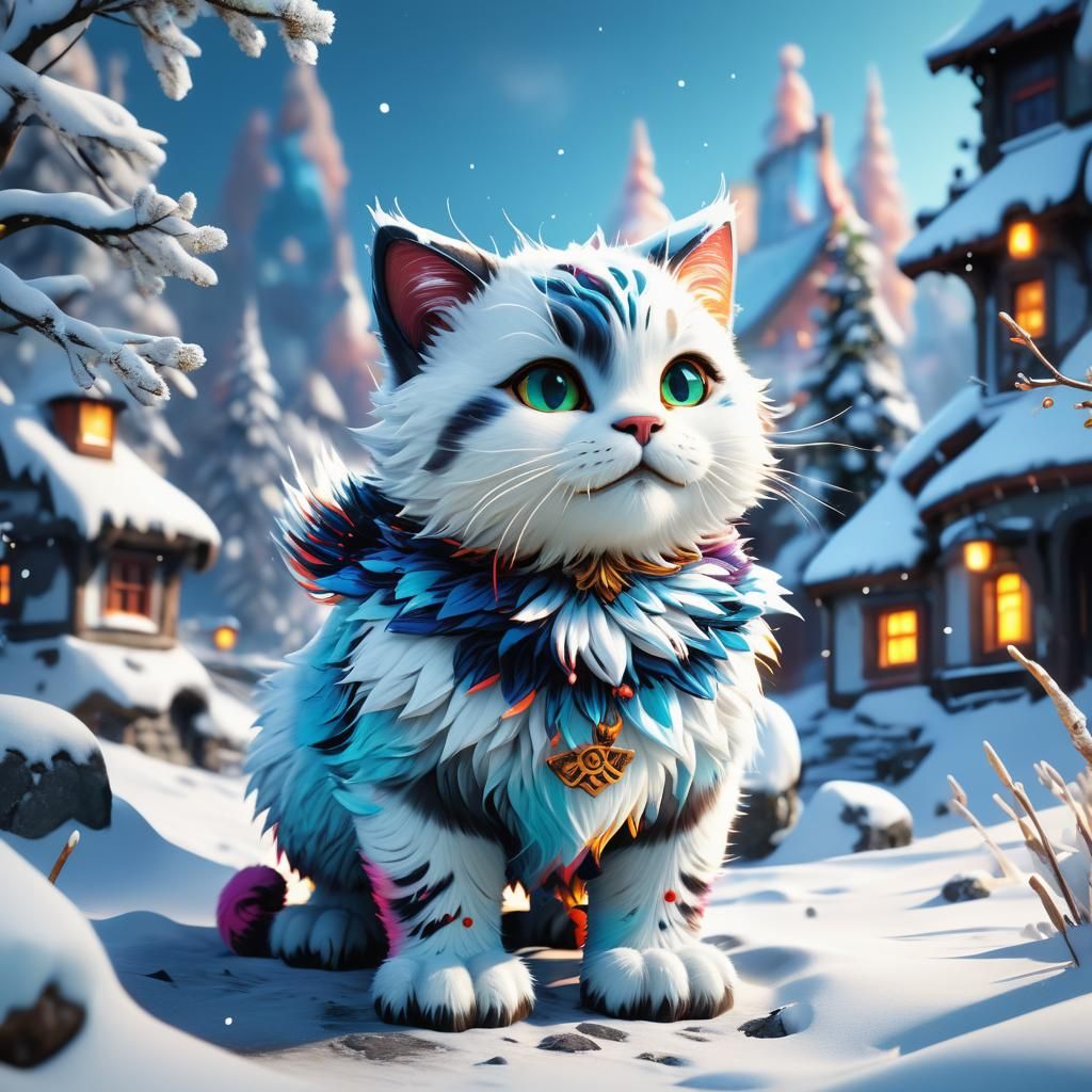 Cute Snow Cat: Detailed Matte Painting