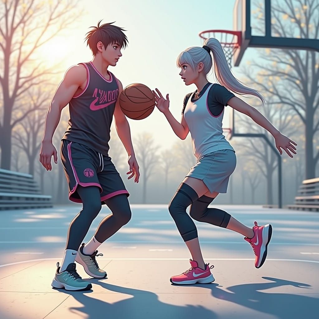 Anime-Inspired Basketball Scene with Hyper-Realistic Details
