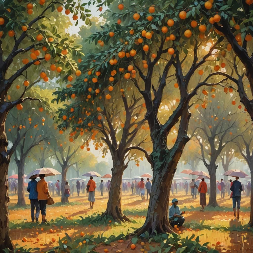 Orange Orchard Harvest in Impressionist Style