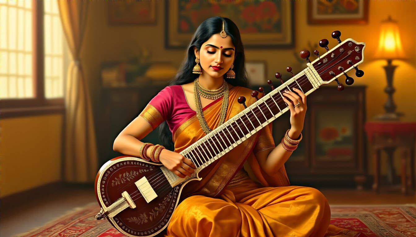 Indian Woman Playing Sitar in Warmly Lit Room