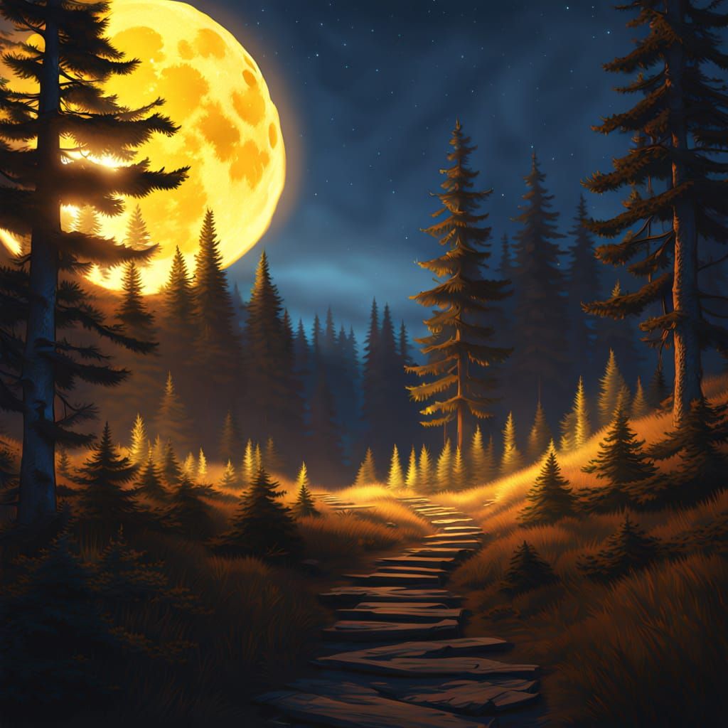 Moonlit Forest Path Digital Painting