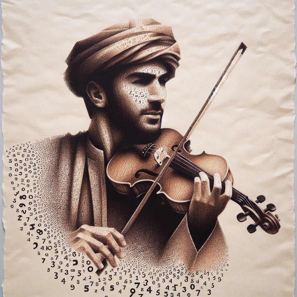 Elegant Middle Eastern Violinist Amidst Mathematical Harmony