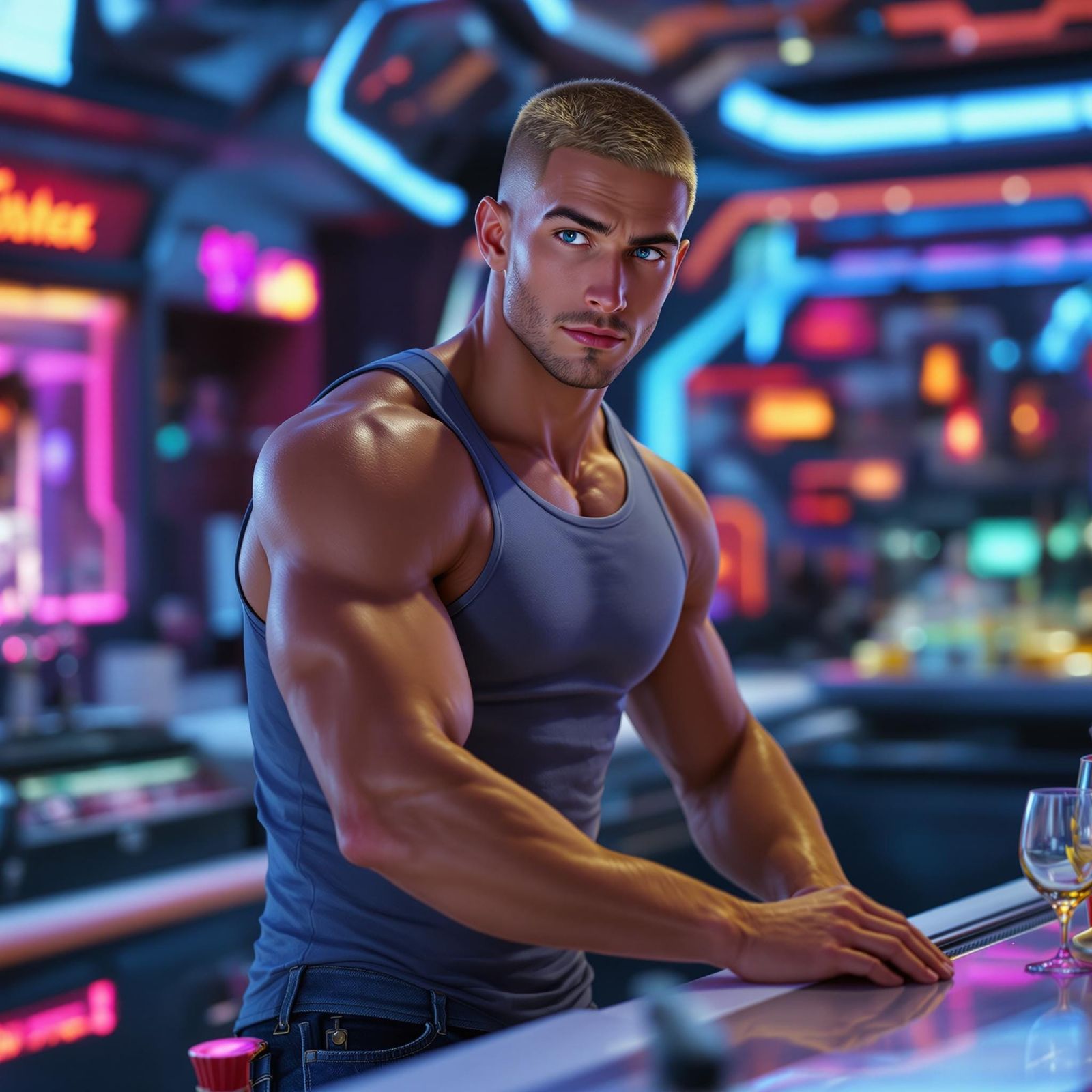 Handsome Athlete Bartender in Futuristic Bar