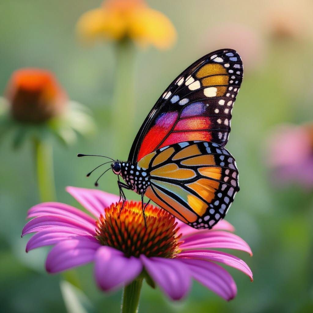 Close-up of Multicolored Butterfly on Flower, Macro Style