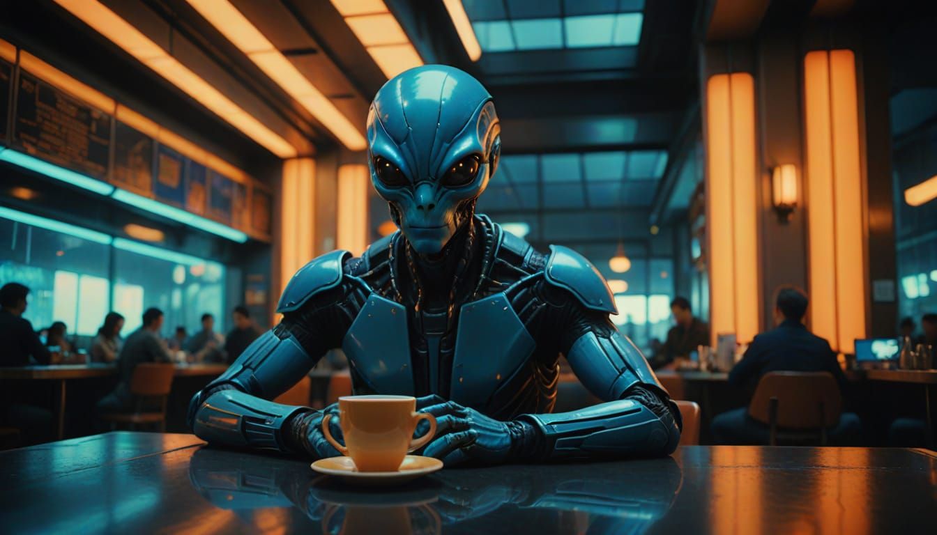 Ethereal Alien Sits in Futuristic Cafe, Shrouded in Warm, Go...