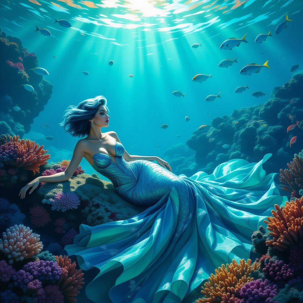 Aquatic Mermaid in Deep Ocean Digital Painting