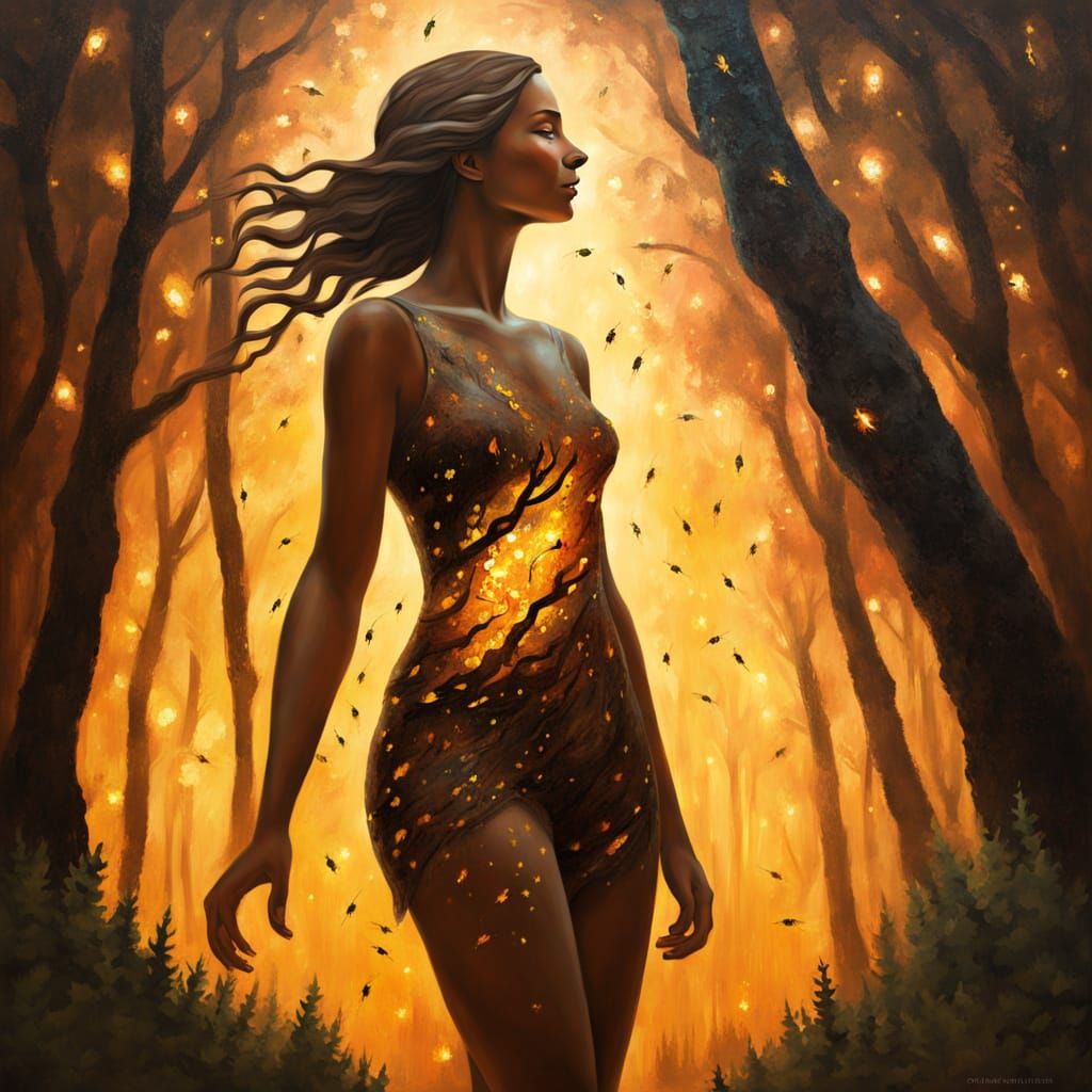 Earthy Oil Painting of Woman in Forest with Fireflies