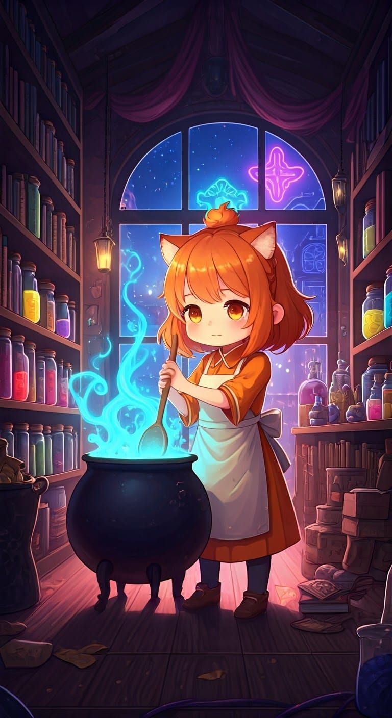 Mystical Alchemist Girl in a Whimsical Anime Shop