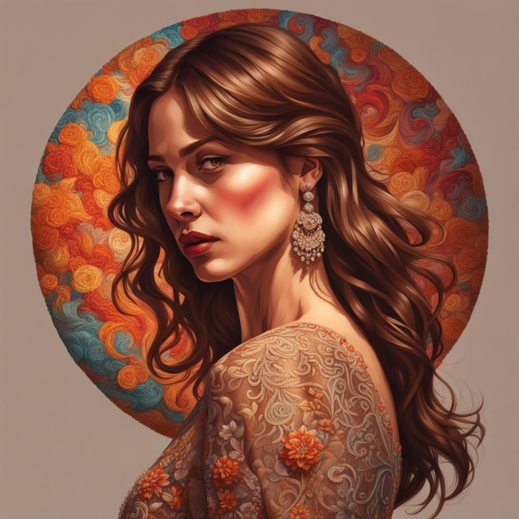 Woman in Embroidered Dress at Ball, Hyperrealistic Art