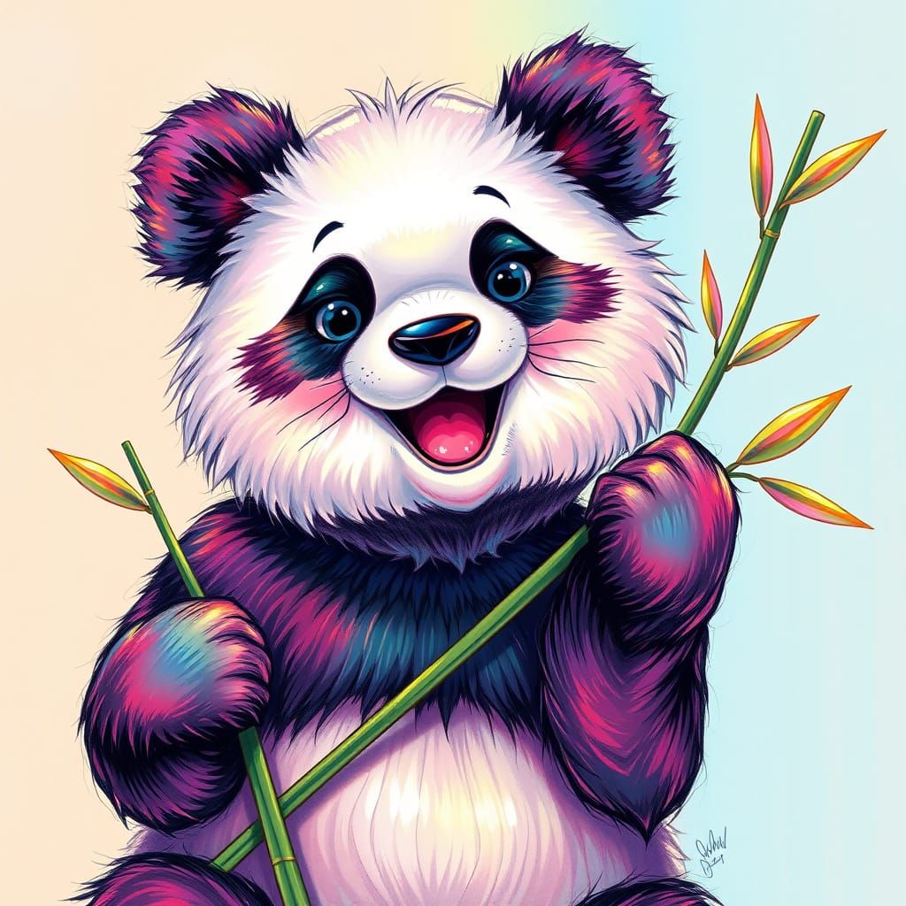 Psychedelic Panda with Rainbow Fur and Bamboo