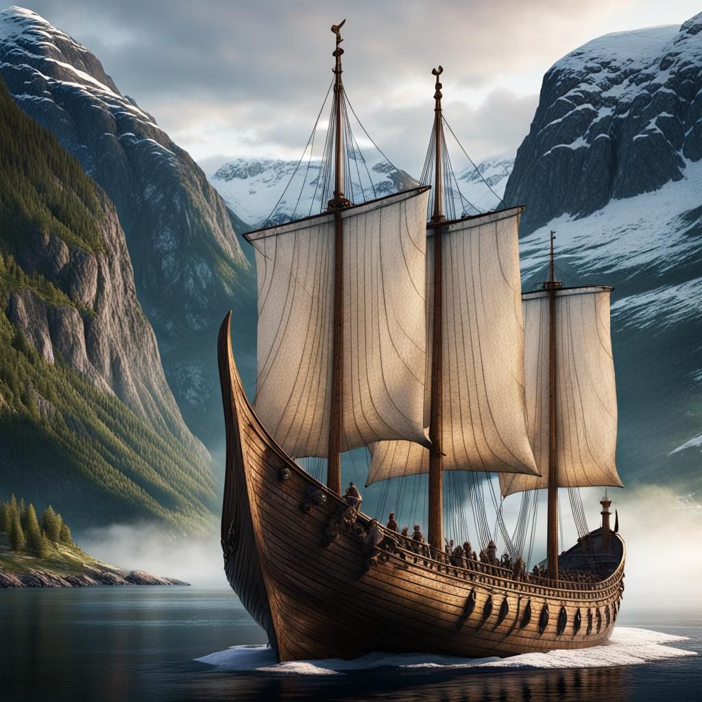 Oseberg Ship on Norwegian Fjords, Detailed Matte Painting