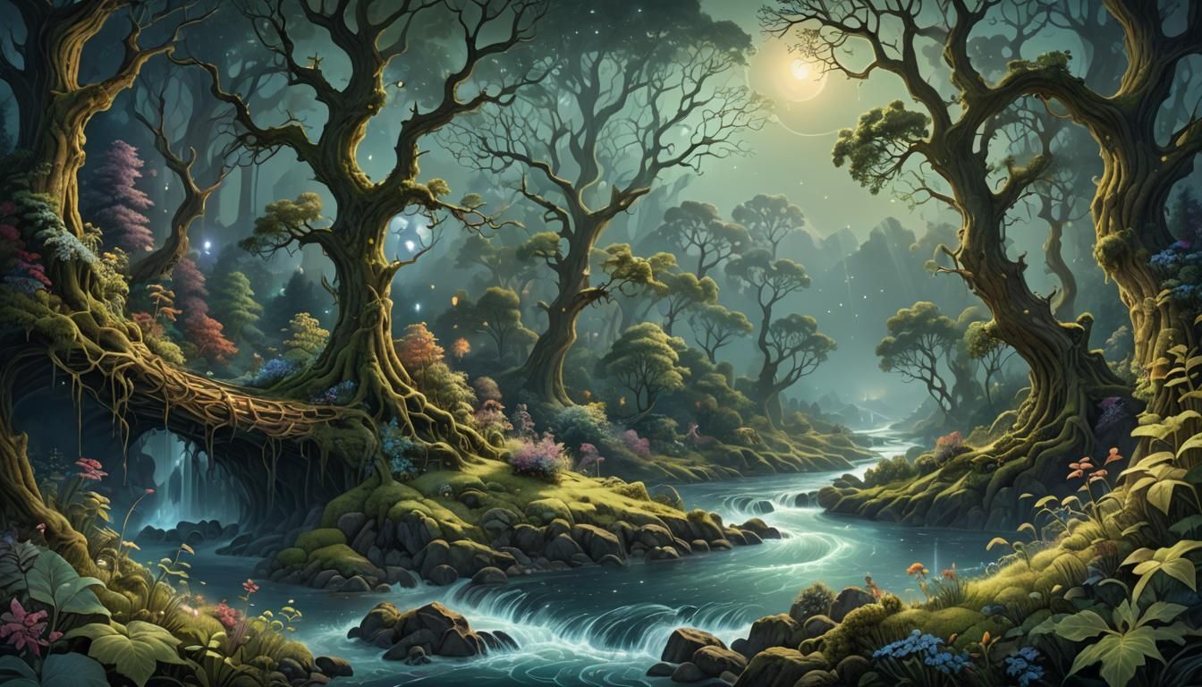 A river flows through the woodland on a starry night.