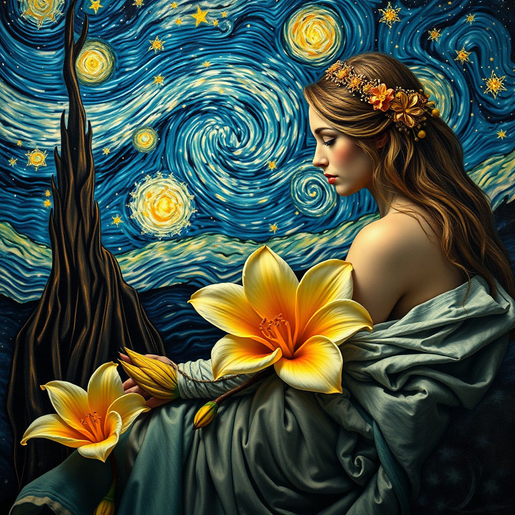 Venus in Starry Night Style: Hyperrealistic Oil Painting