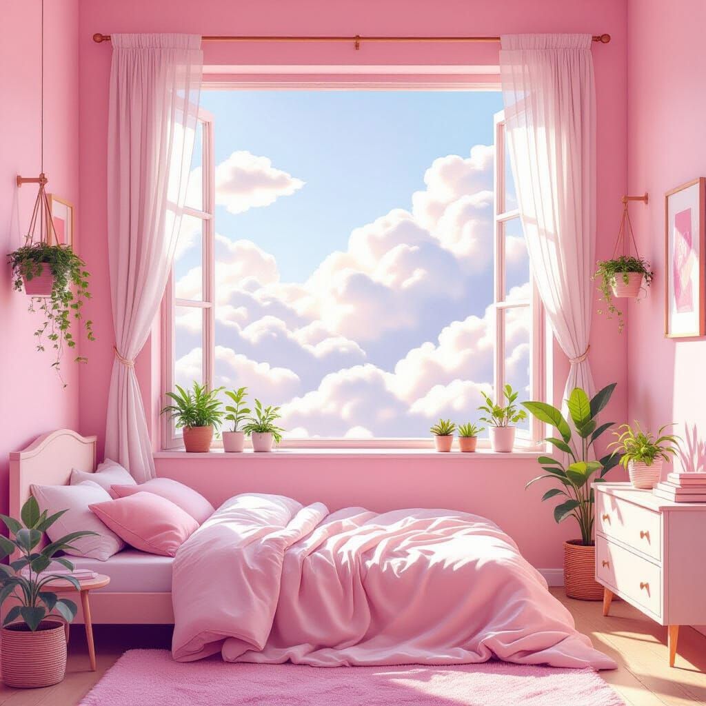 Dreamy Pink Room with Clouds, Hand-Drawn Style