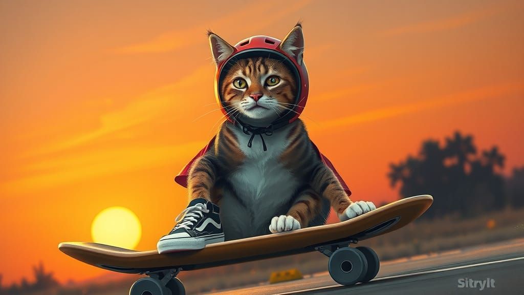 Cat on Skateboard in Digital Painting Style