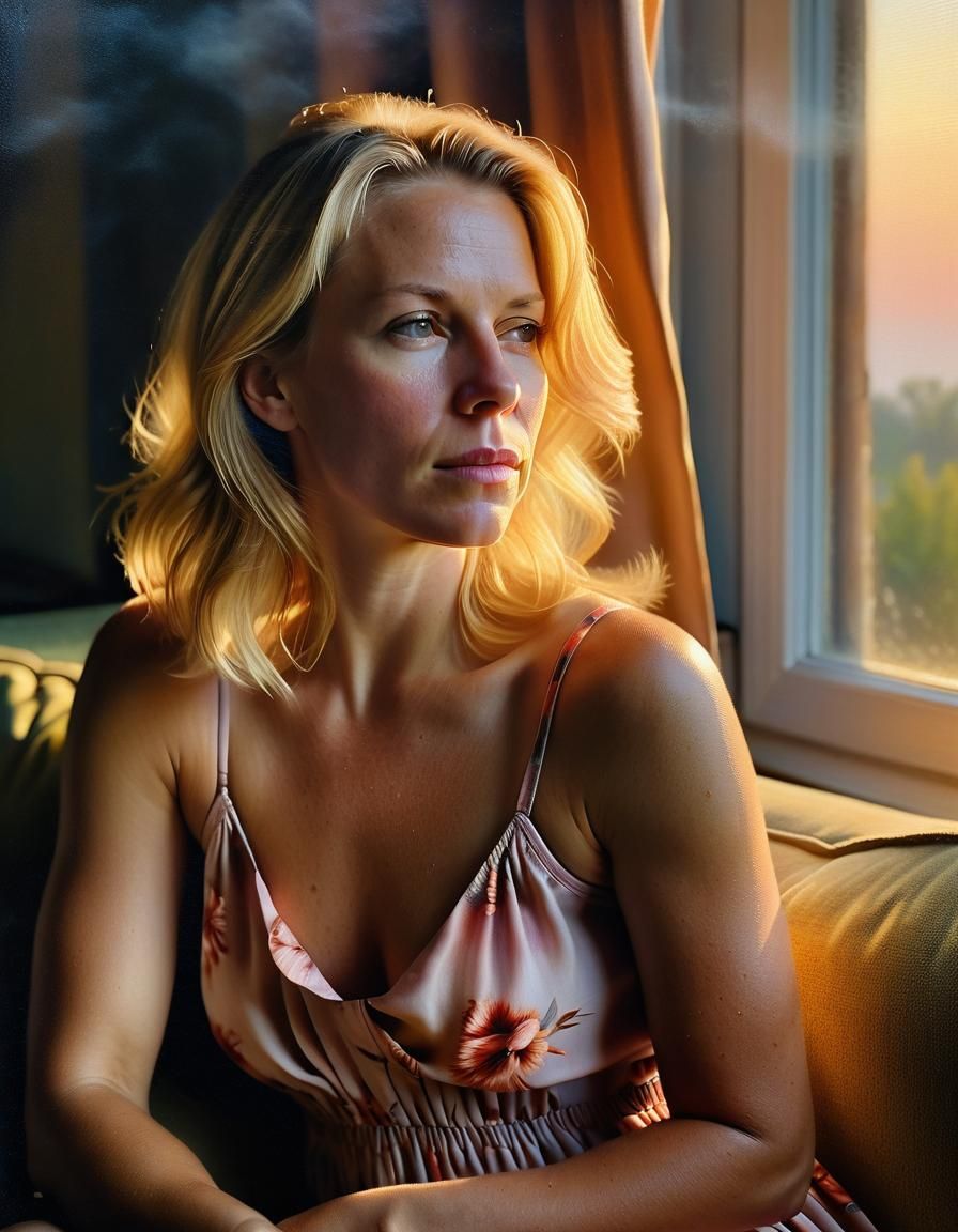 Woman in Sundress with Predawn Light, Oil Painting