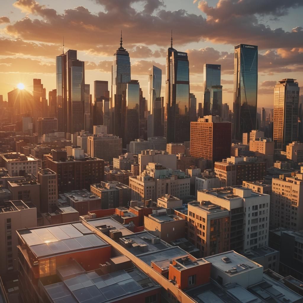 Warm Sunset Over City Skyline in Digital Matte Painting