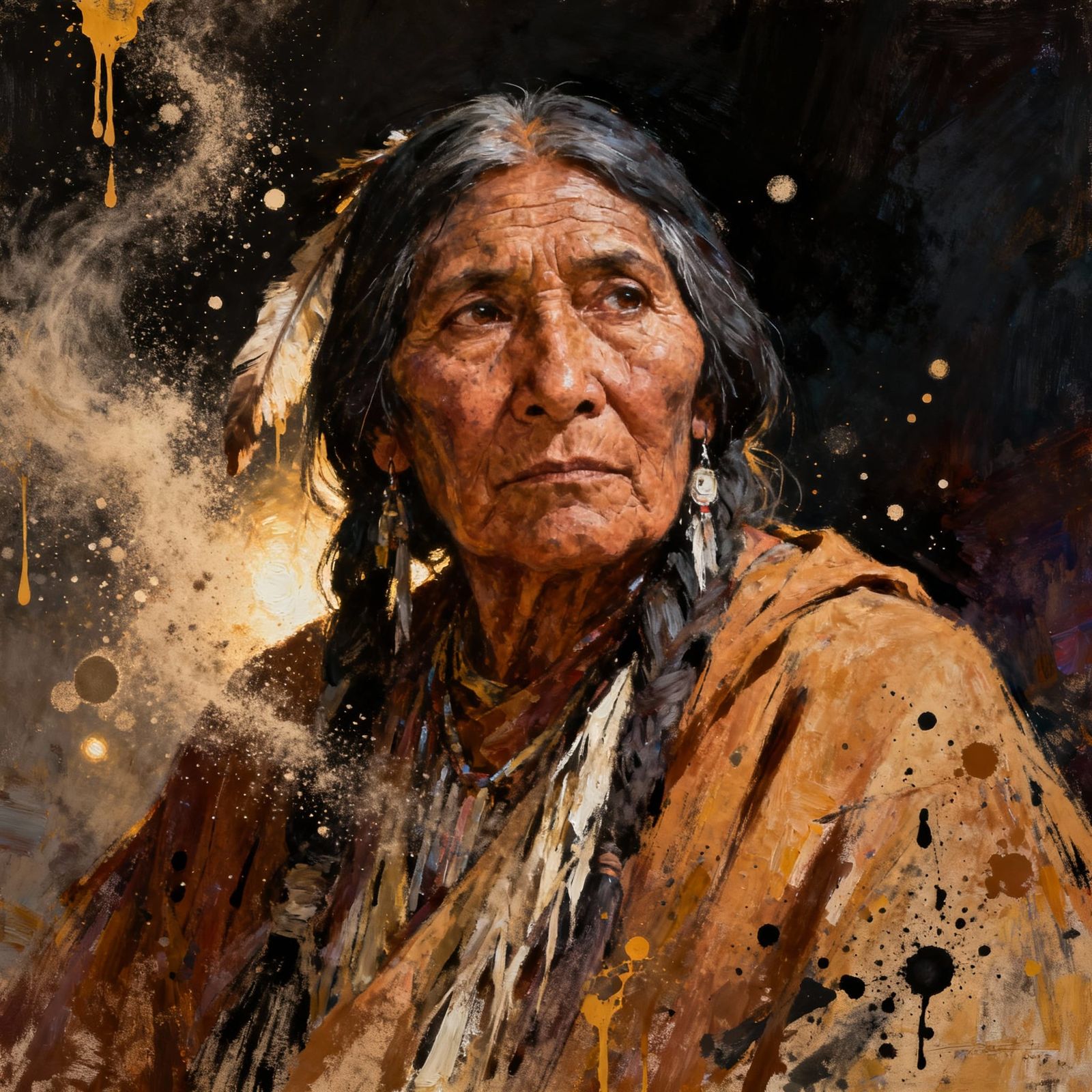 Somber Sioux Woman Portrait in Dust Motes