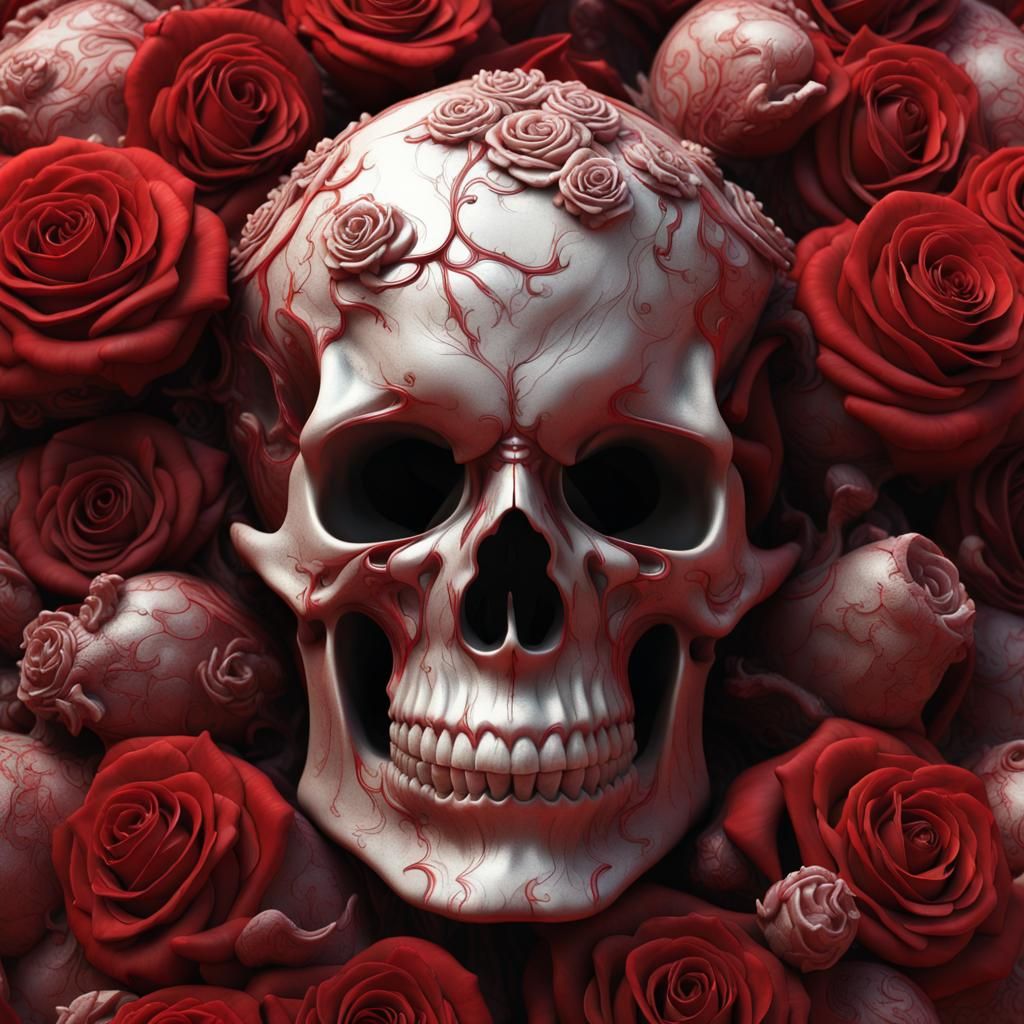 skull made of red roses, organic horror, devil,death, giger, epic, baroque, art nouveau, james jean, photorealistic rend...
