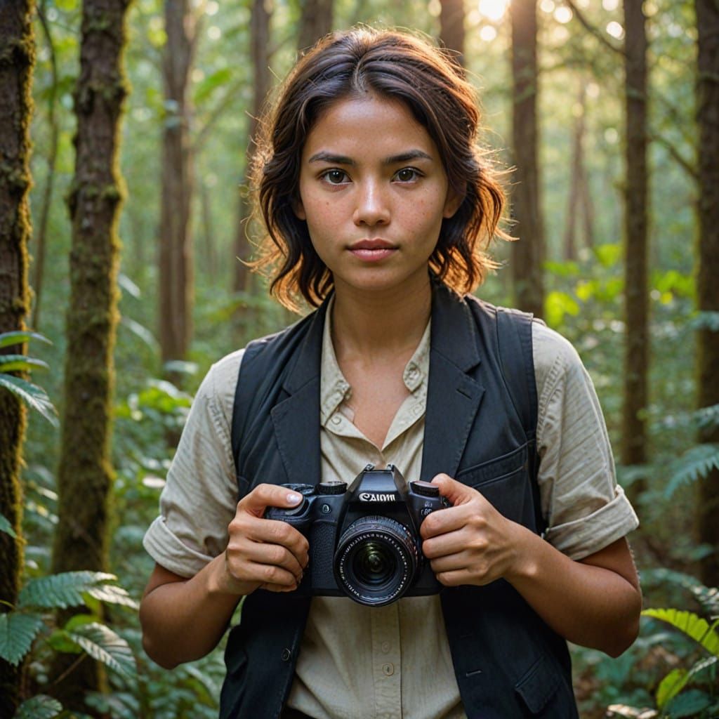 Portrait of a Photographer in a Sun-Drenched Forest in a Vib...