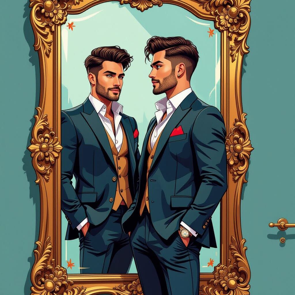 Stylish Man Admiring Reflection in Ornate Mirror