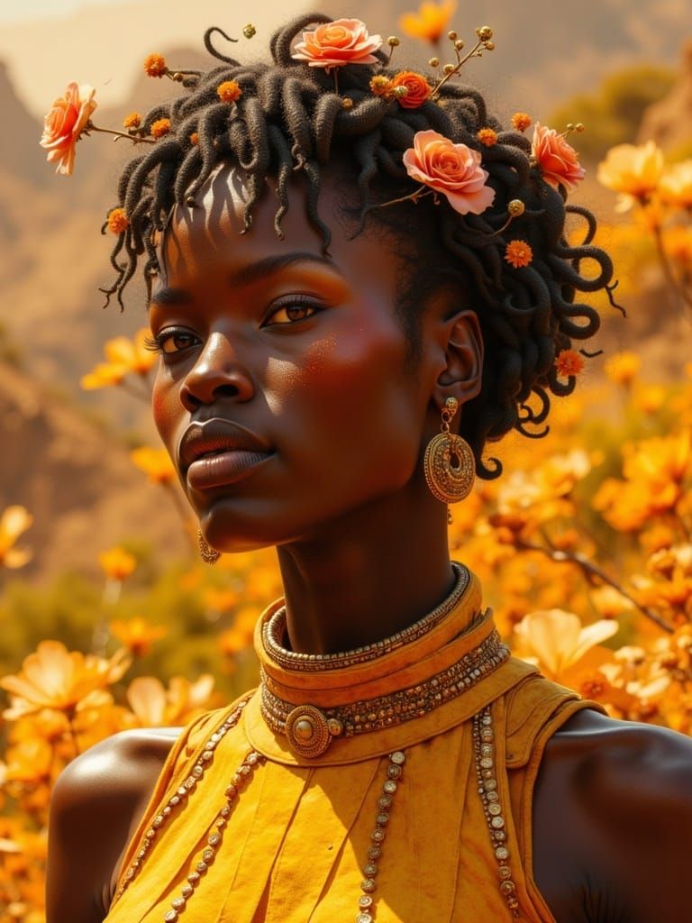 Cybernetic Android Goddess Radiates Sunset Radiance