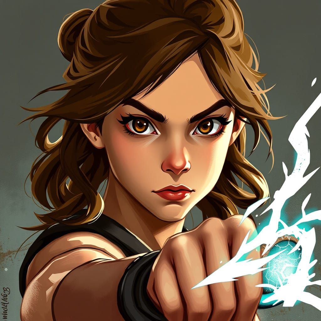 Determined Warrior Maiden in Dynamic Brushstrokes