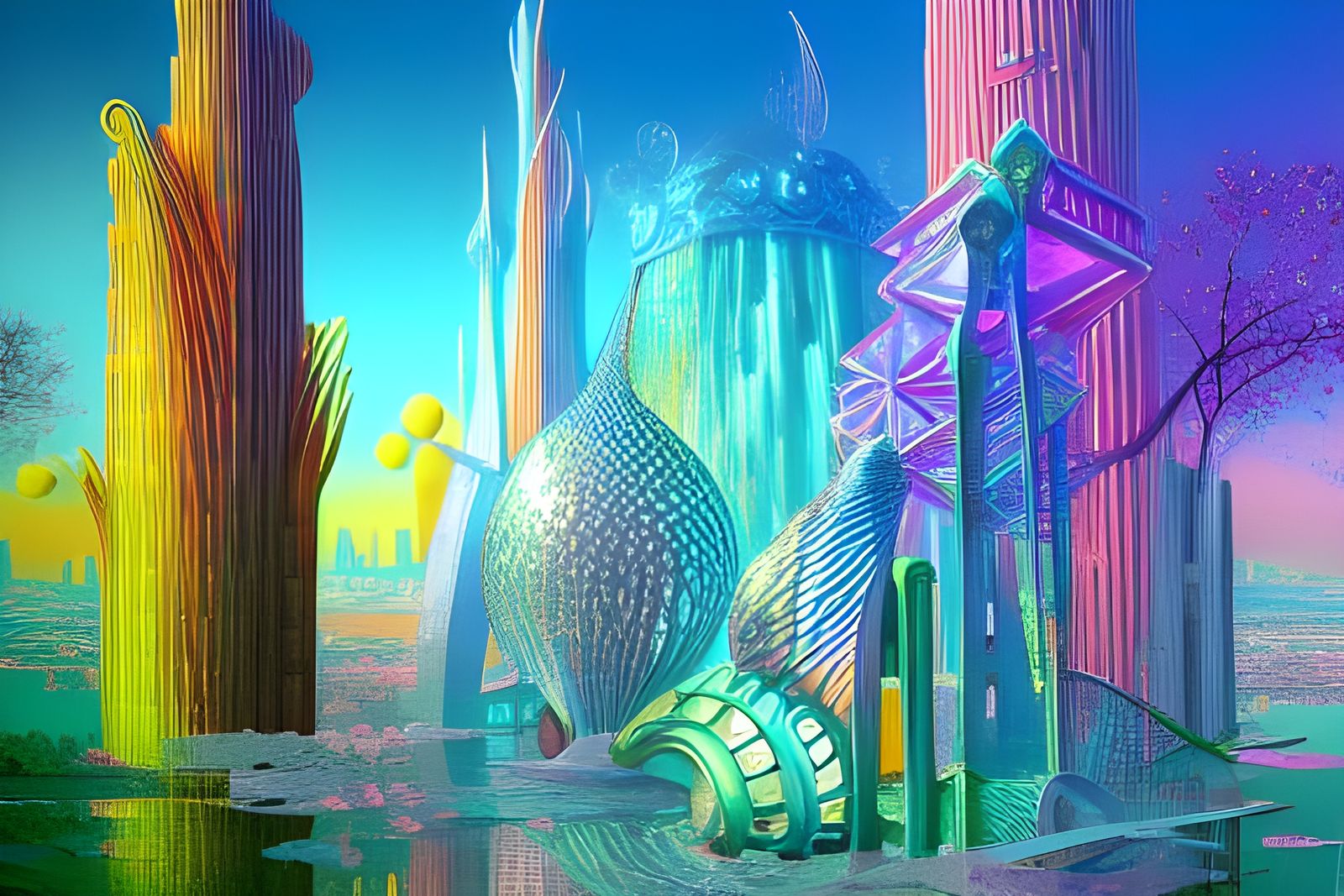 Retro-Futuristic Biomorphic City in Stained Glass Style