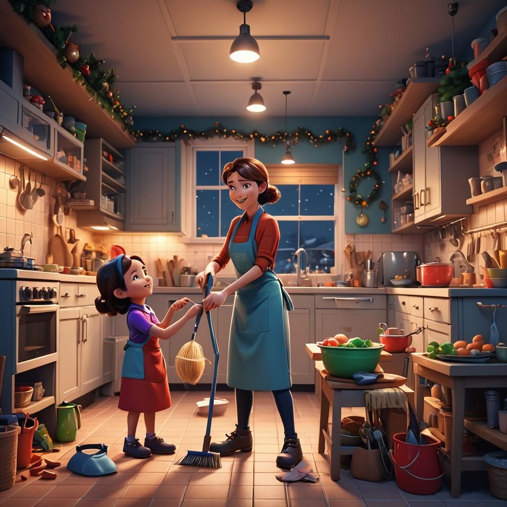 Christmas Night Kitchen Cleaning in Pixar Style