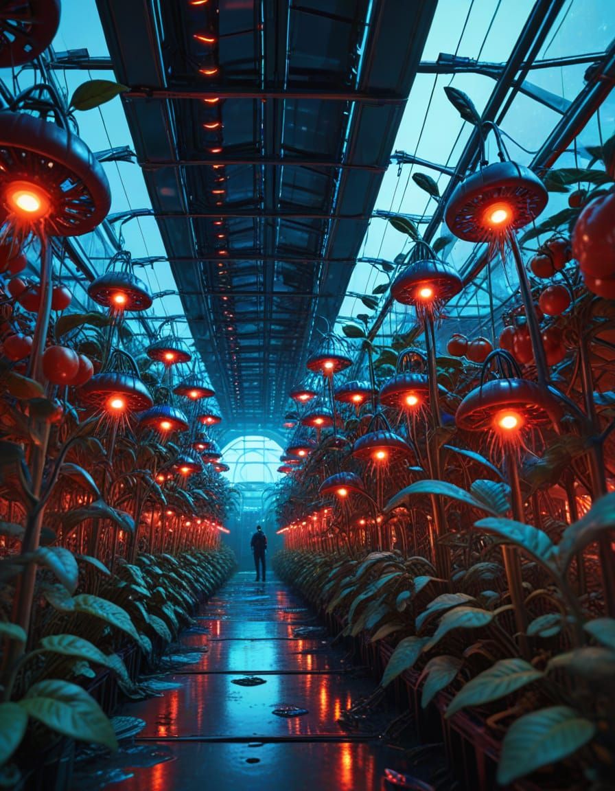 Cyberpunk Greenhouse Complex at Sunset