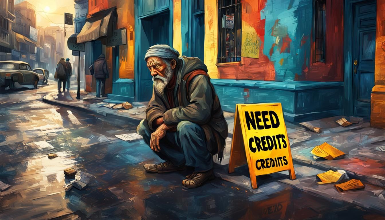 beggar on street corner with sign saying need credits