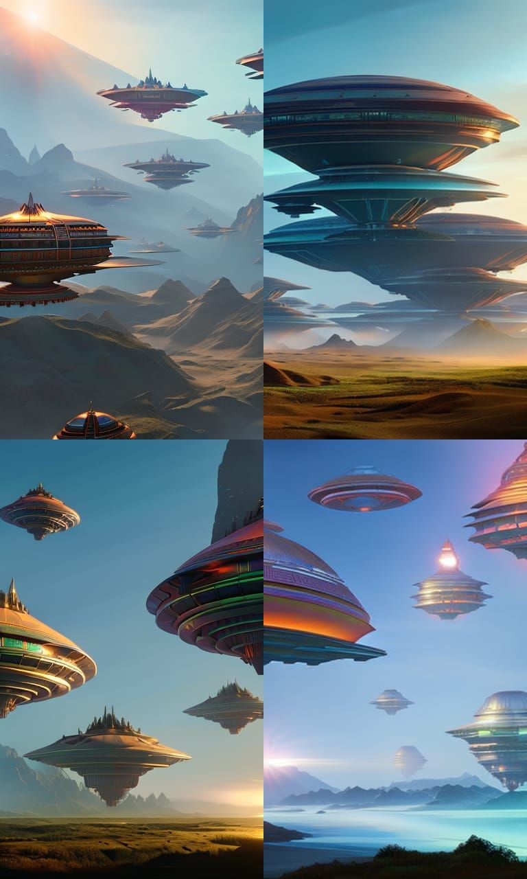 Futuristic Alien Airships in Geometric Landscape