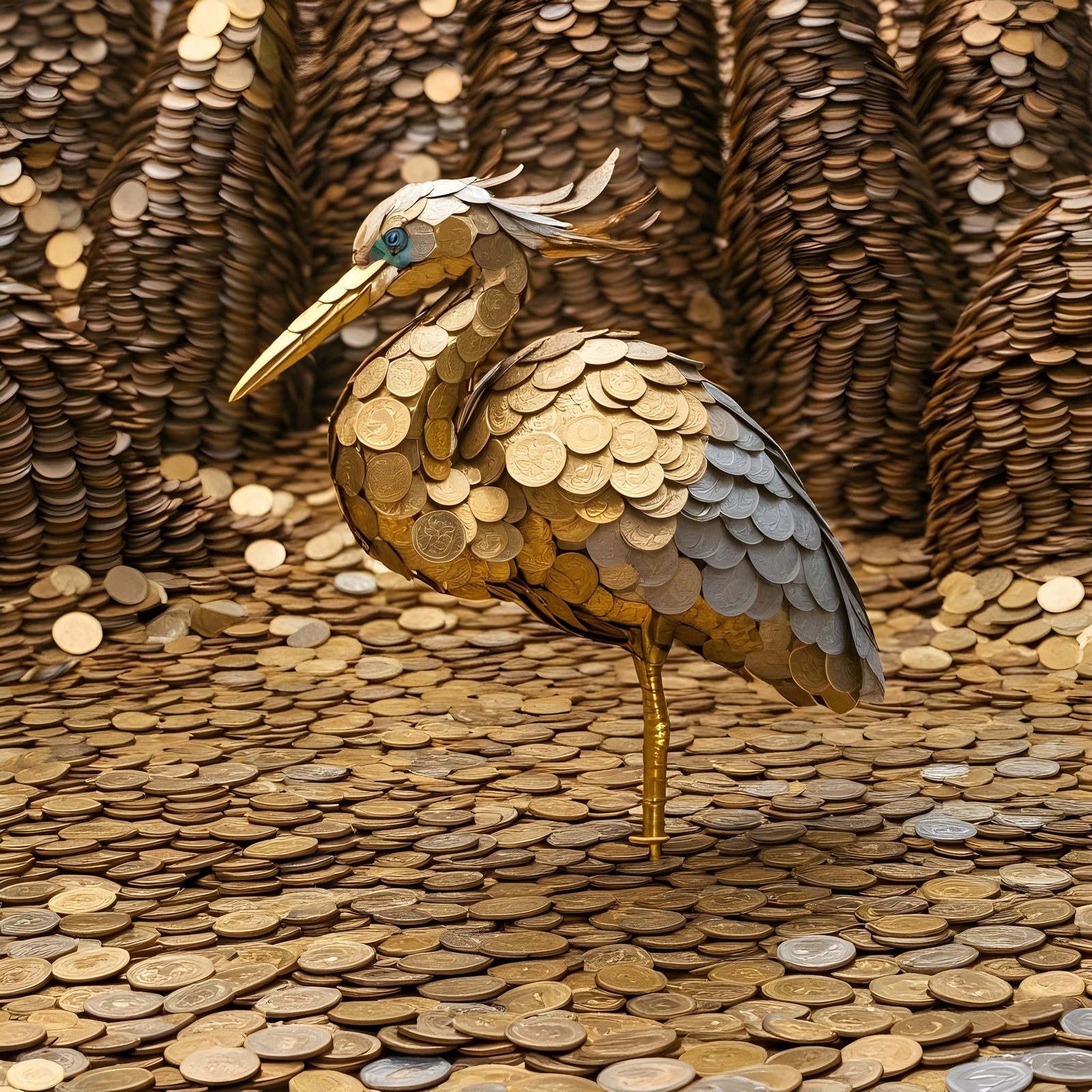 Heron Made of Coins in a Shimmering Money Pond