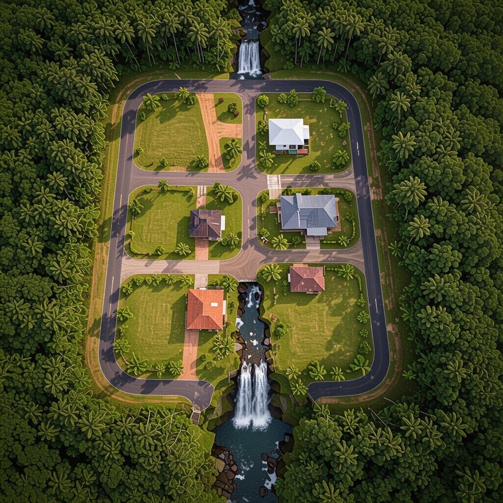 Aerial View of Divided Land Plot with Waterfall