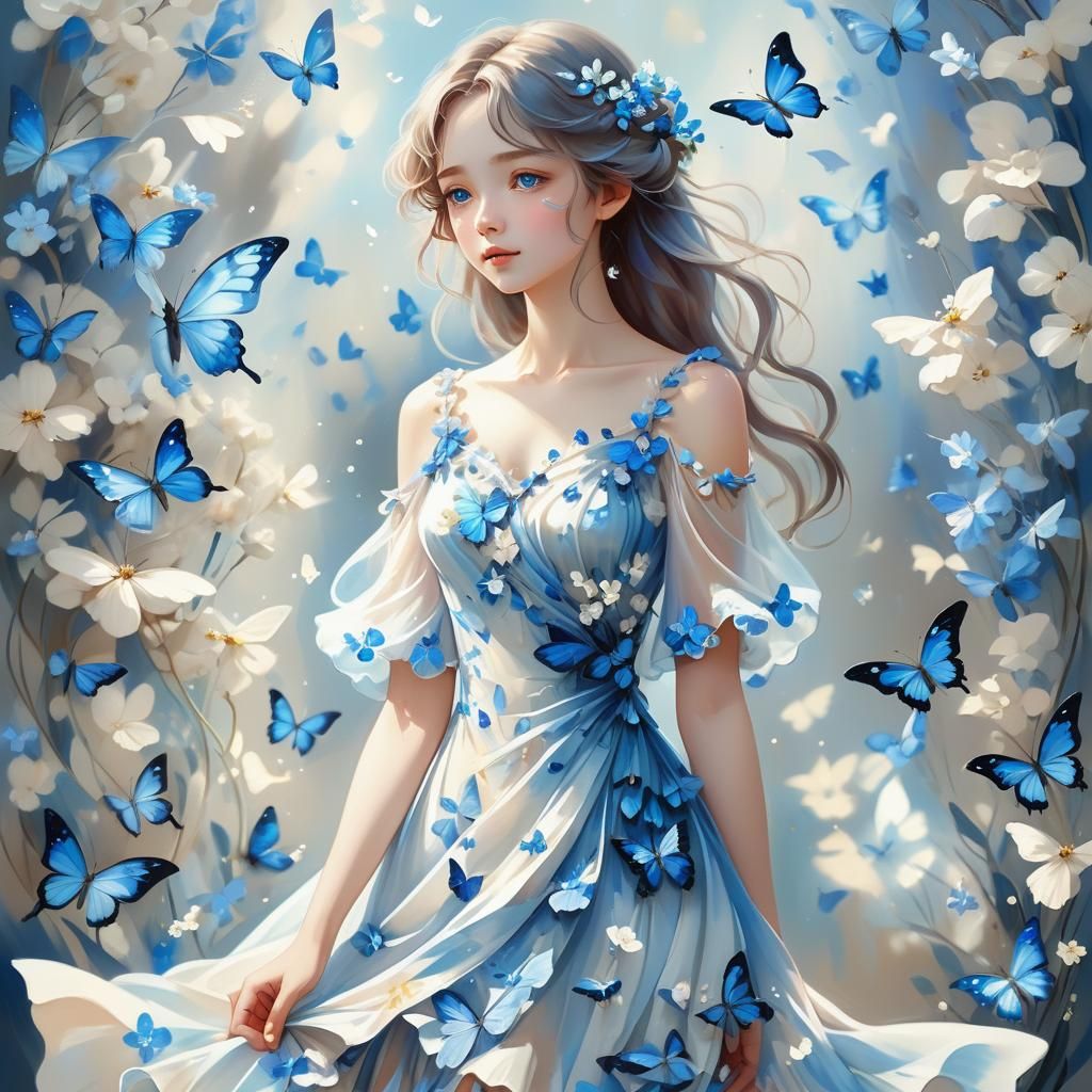 Anime Woman with Butterflies in Oil Painting Style