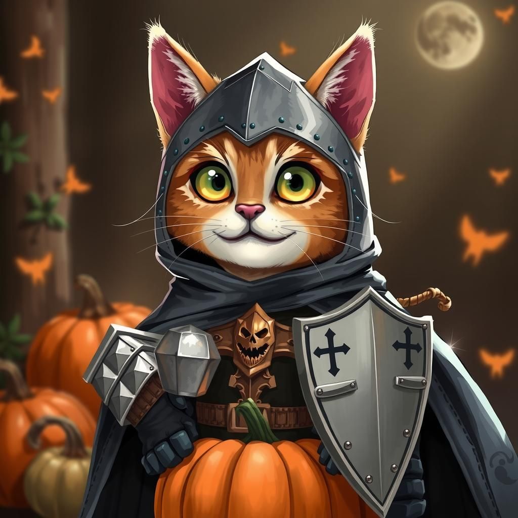 Armored Cartoon Cat Knight with Pumpkins, Fantasy Art