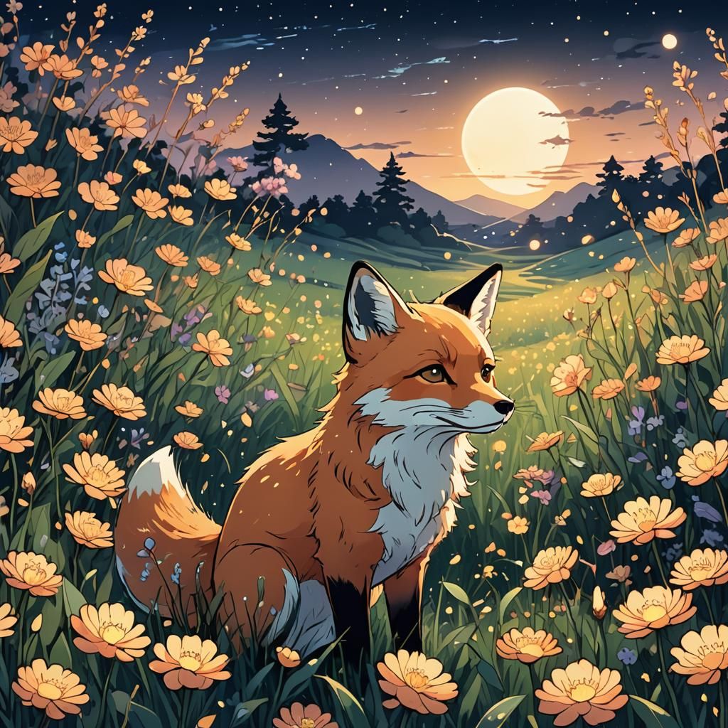 Fox in Flower Field at Night in Anime Style