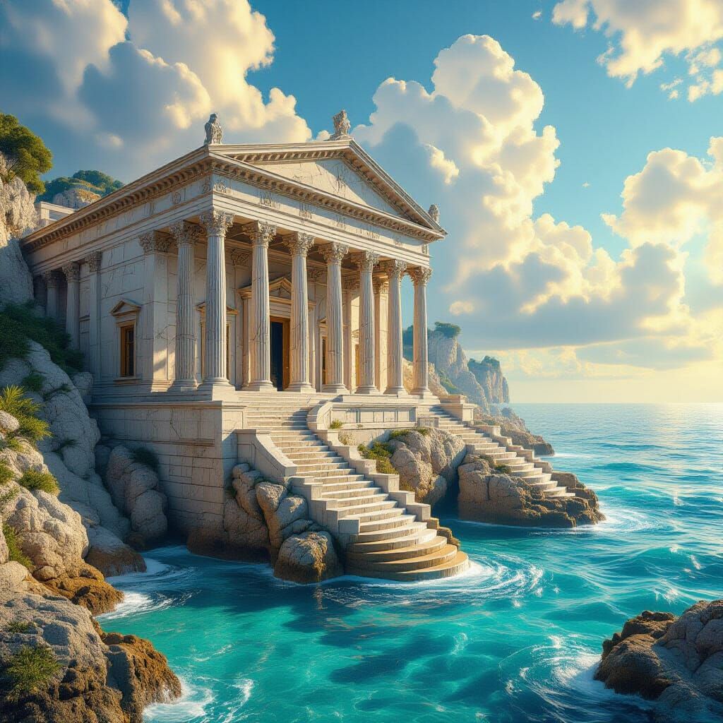 Ancient Temple on Sea Cliff in Renaissance Pop Art Style