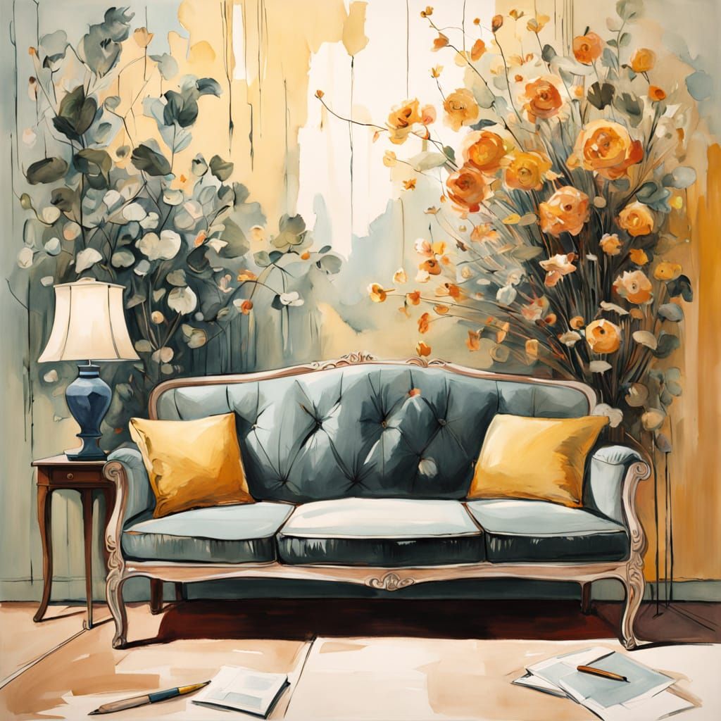 Depressed Plant in Psychologist Office as Gouache Art