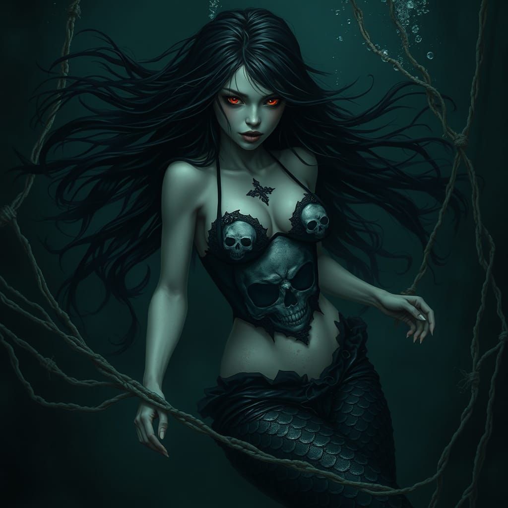 Mysterious Emo Mermaid in Dark Underwater Scene