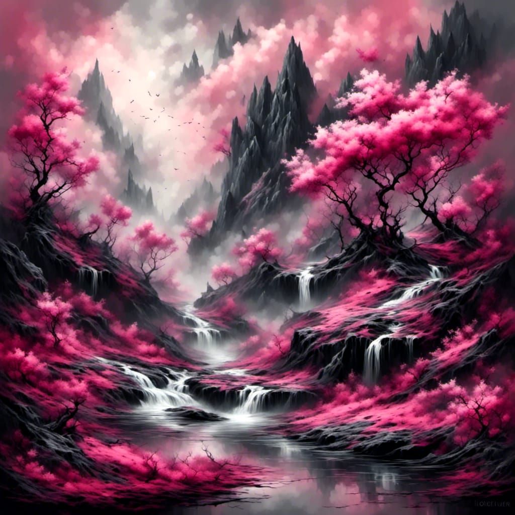 Asymmetric Pink and Grey Fractal Fantasy Landscape